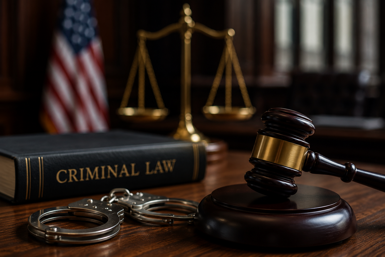 Gavel, scales of justice, handcuffs, and a Criminal Law book in a courtroom
