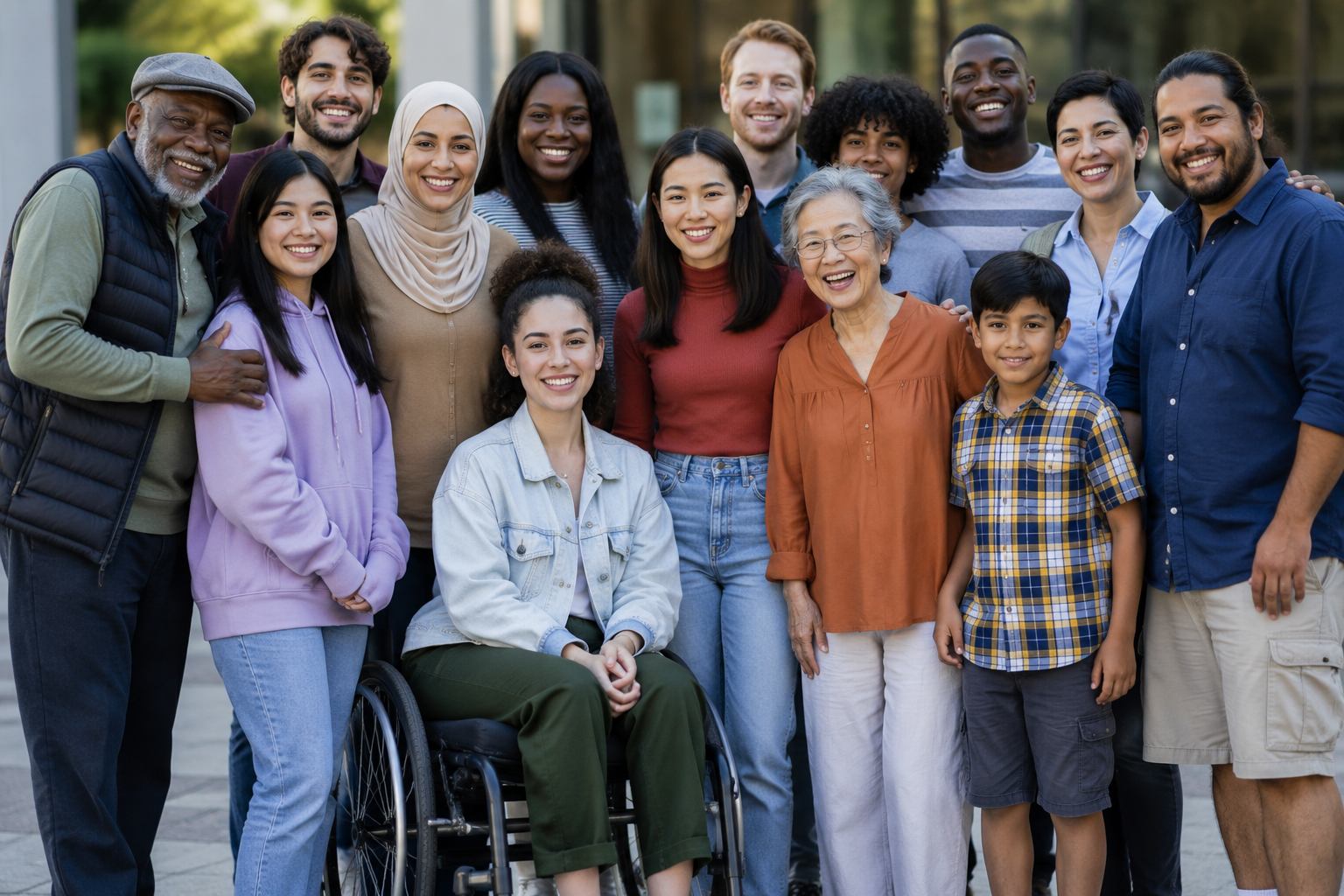 A diverse multigenerational community standing together