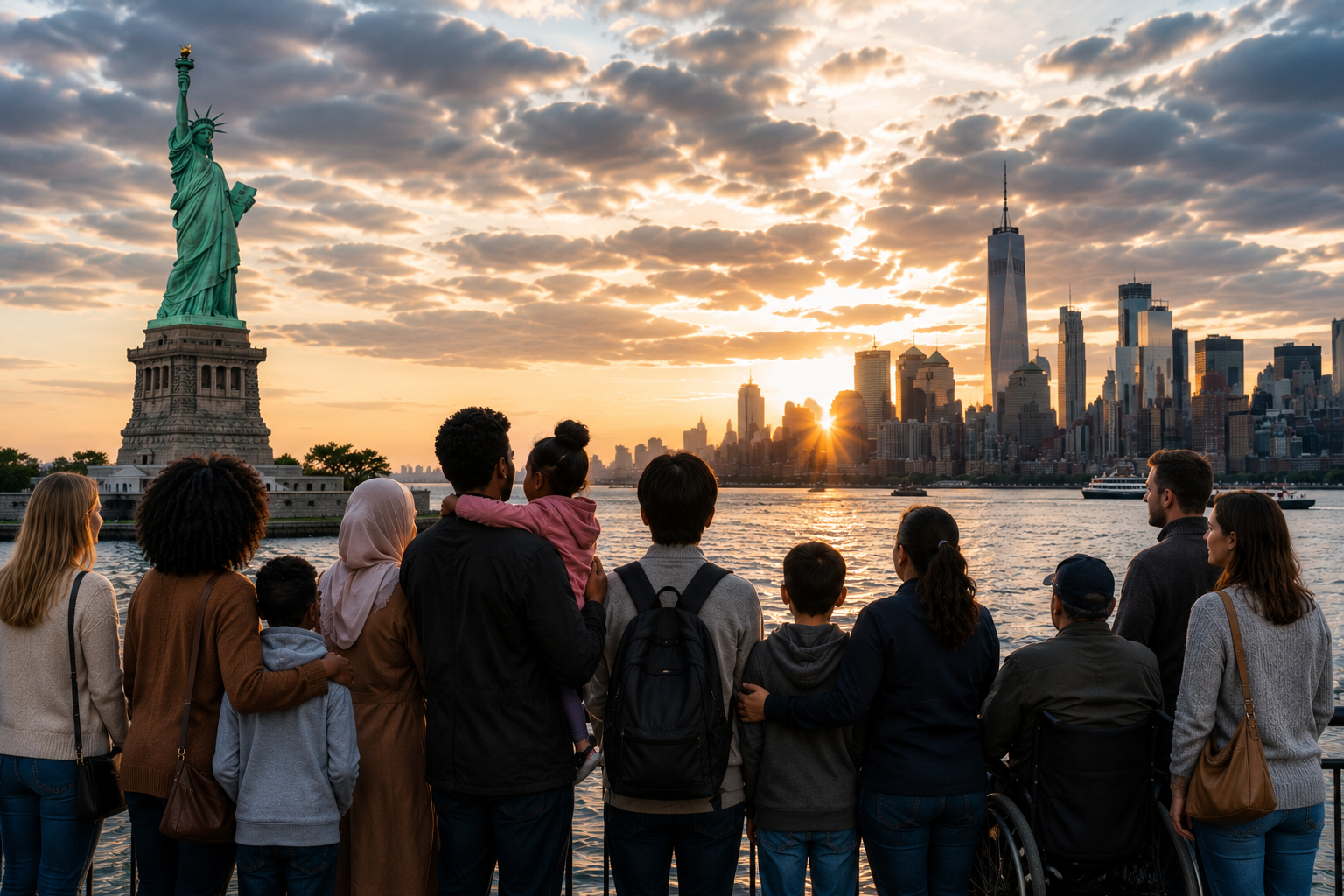Multigenerational families looking toward the New York skyline and Statue of Liberty