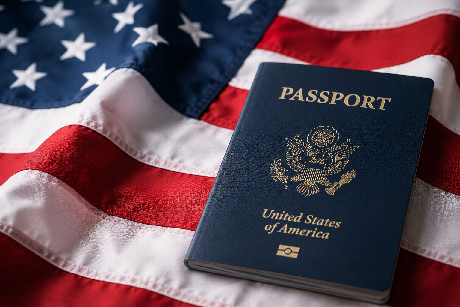 United States passport resting on the American flag